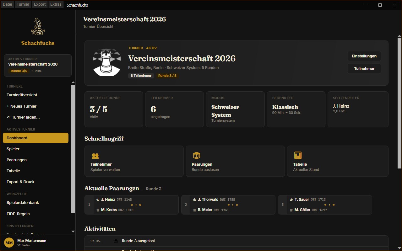 Schachfuchs Dashboard – Turnier-Übersicht mit aktueller Runde, Teilnehmern, Modus und Spitzenreiter